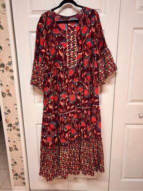 Indibelle Boho Floral Midi Dress in Red